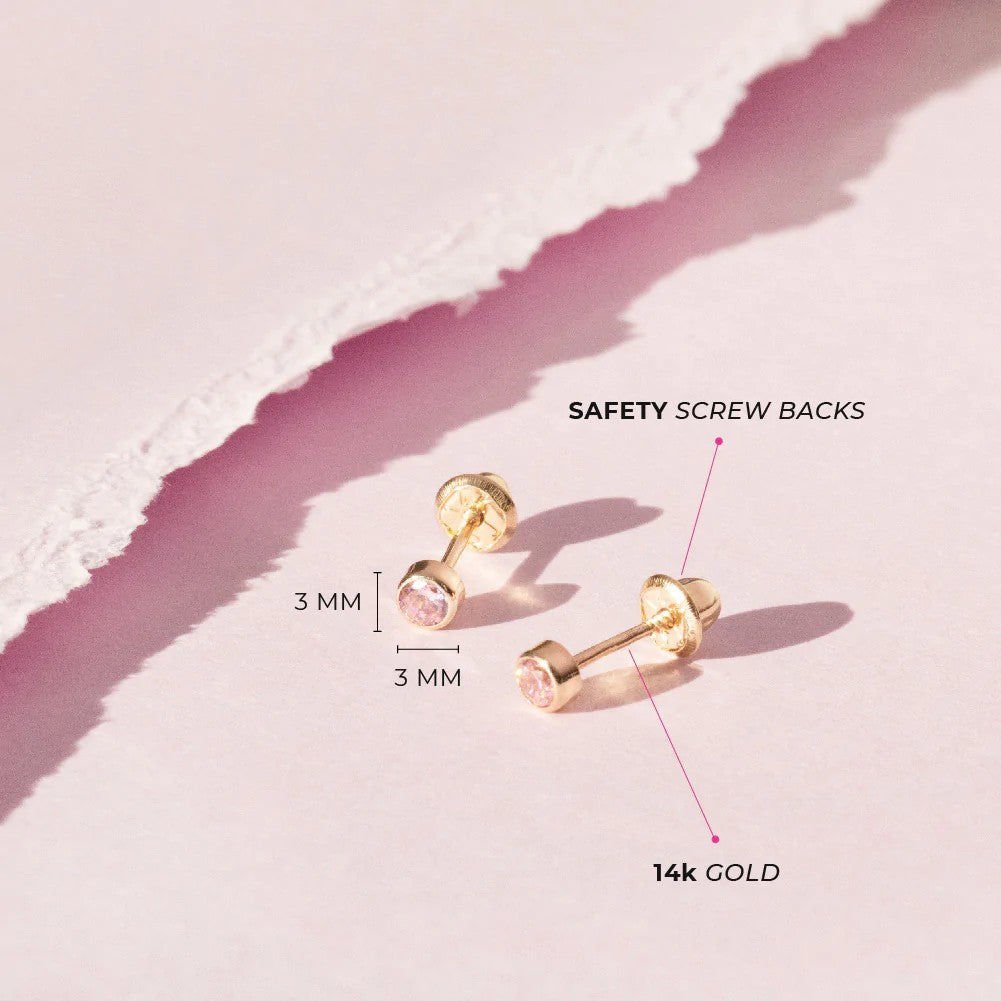 Pink Crystal Baby Earrings in 14k Yellow Gold with Safety Backs