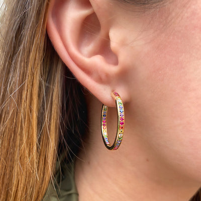 Jane Taylor Slim Inside-Out Hoops with Rainbow Gemstones