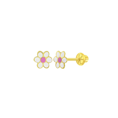 White & Pink Enamel Flower Little Girl's Stud Earring